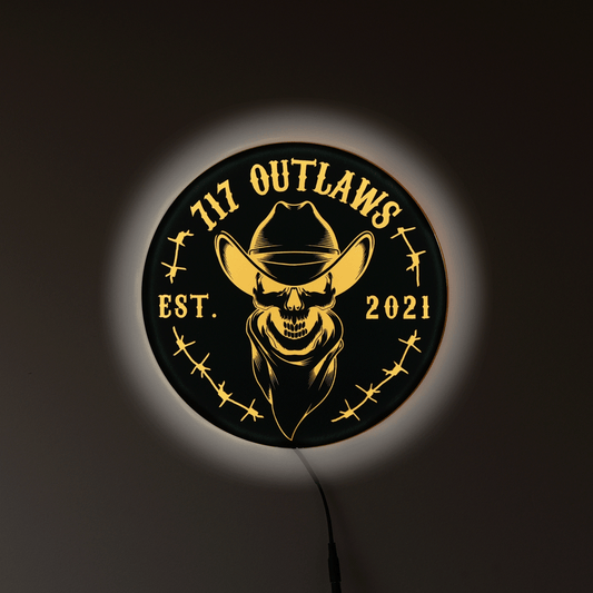 12" Round 717 Outlaws Skull Cowboy Est. 2021 LED Light Up Tacker Sign – Handmade USA