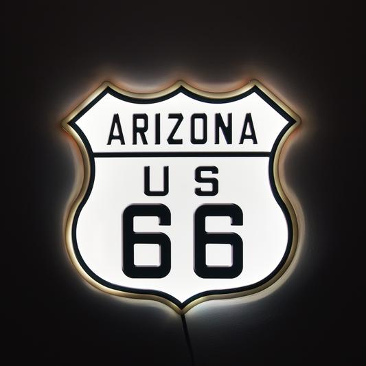 Arizona Route 66 sign with glowing outline on a dark background
