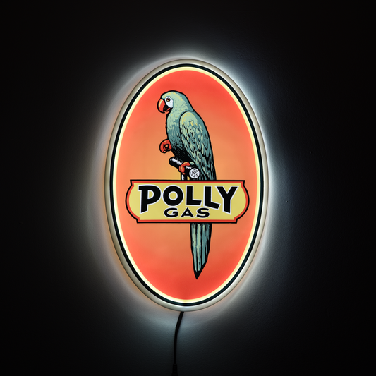 Vintage-style 'Polly Gas' sign with a parrot illustration on an orange background.
