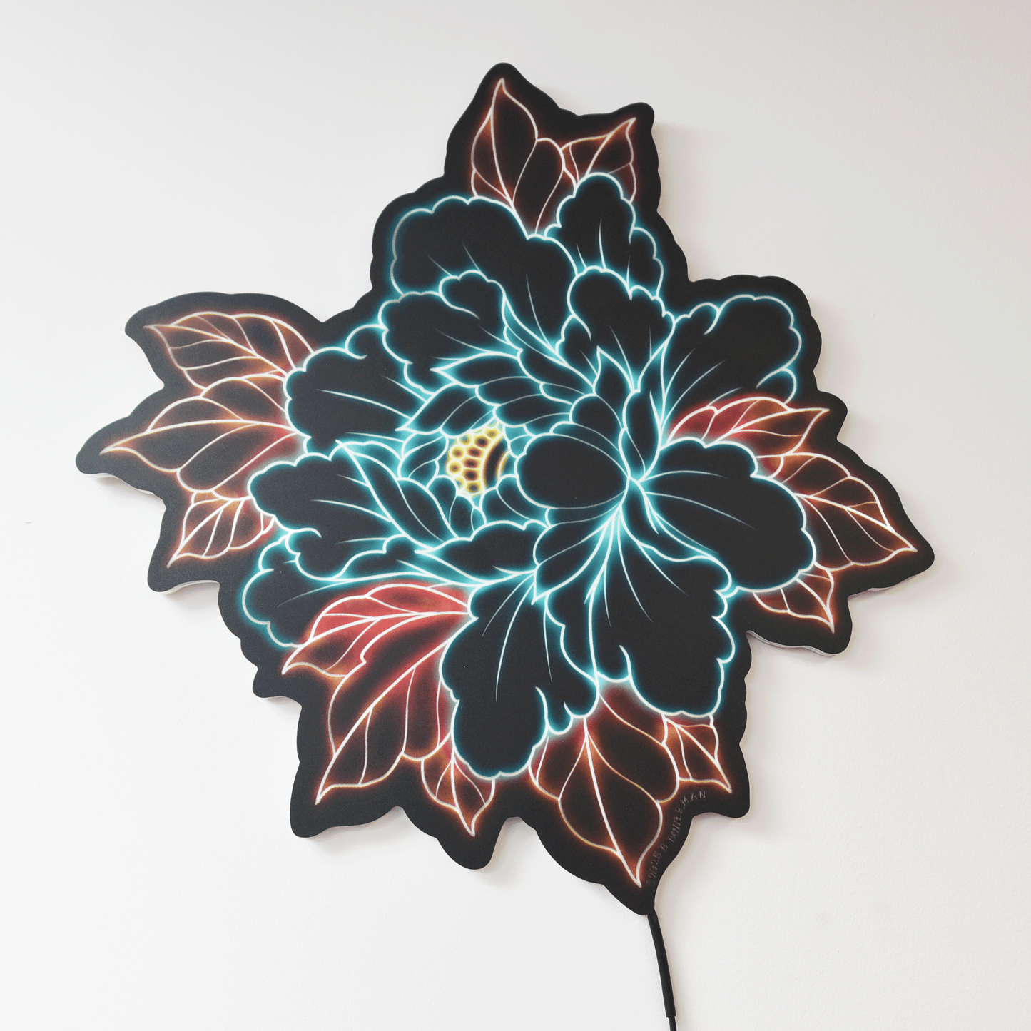 Original Peony tattoo design by Bryce Bowerman printed on acrylic with UV printer with added LED light