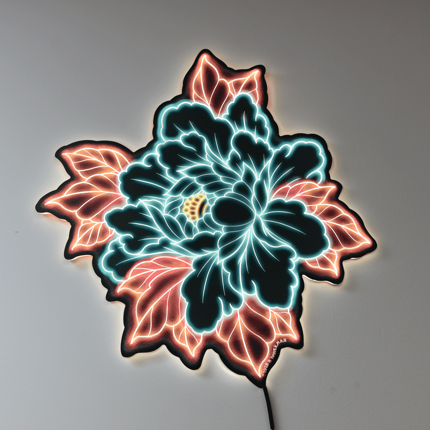 Original Peony tattoo design by Bryce Bowerman printed on acrylic with UV printer with added LED light on in lighted room