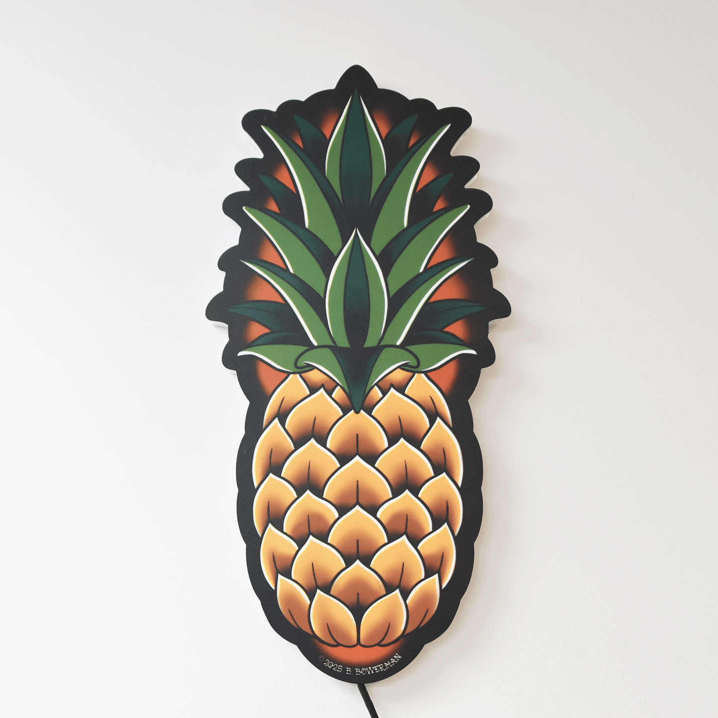Original medium size Pineapple tattoo design by Bryce Bowerman printed on acrylic with UV printer with added LED light