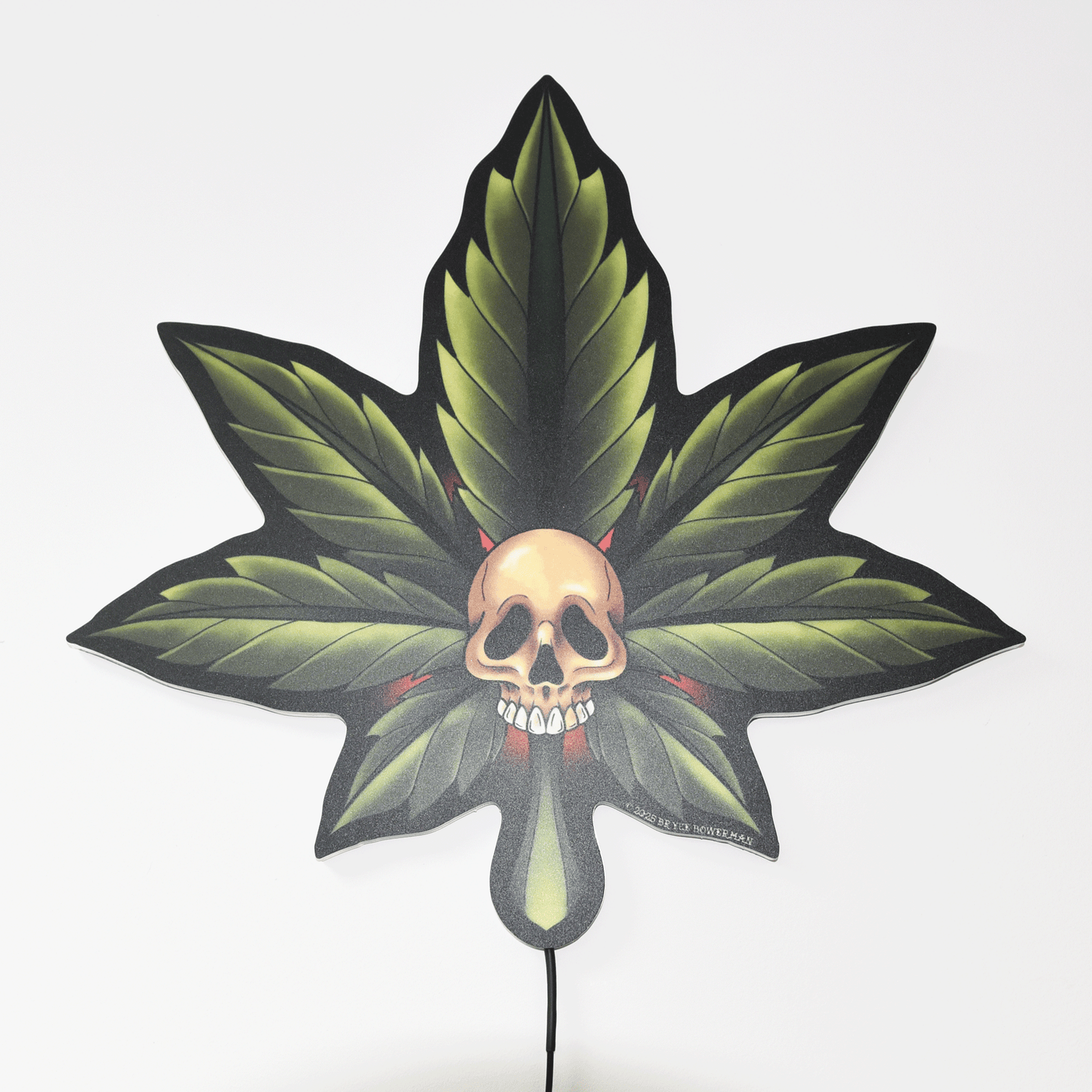 Large (18") Marijuana Leaf Skull Tattoo Tacker by Artist Bryce Bowerman – LED Lighted Wall Art with Green & Red Glow