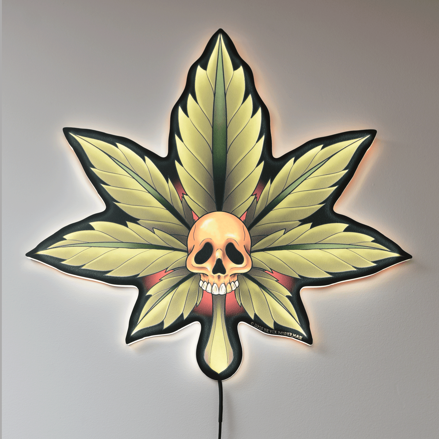 Large (18") Marijuana Leaf Skull Tattoo Tacker by Artist Bryce Bowerman – LED Lighted Wall Art with Green & Red Glow