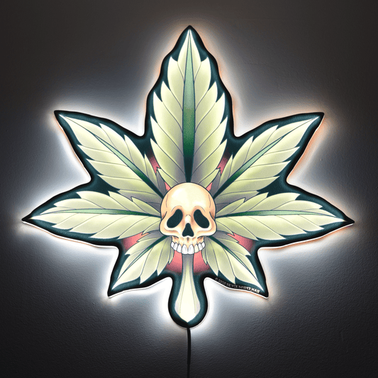 Large (18") Marijuana Leaf Skull Tattoo Tacker by Artist Bryce Bowerman – LED Lighted Wall Art with Green & Red Glow