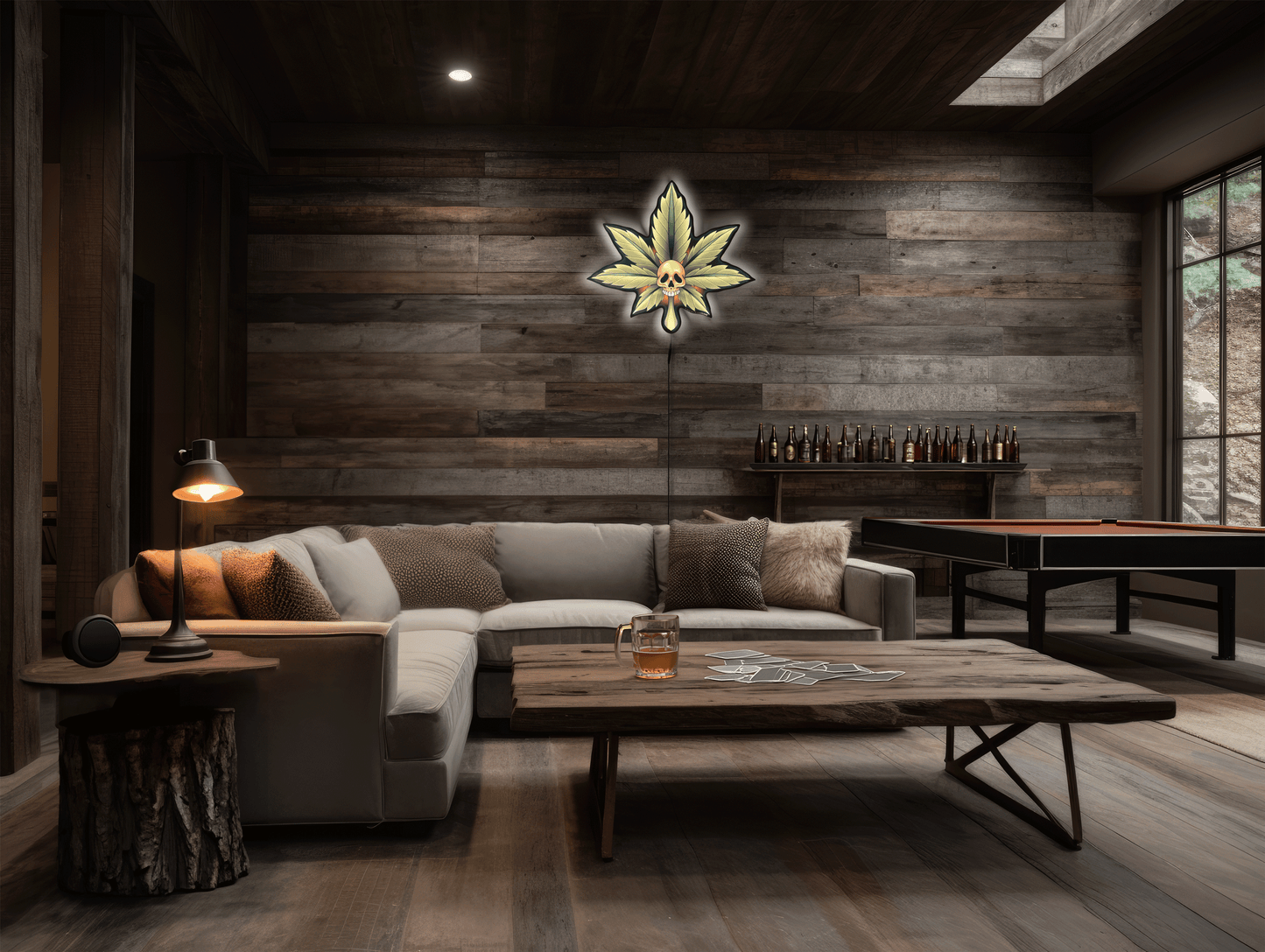 Large (18") Marijuana Leaf Skull Tattoo Tacker by Artist Bryce Bowerman – LED Lighted Wall Art with Green & Red Glow
