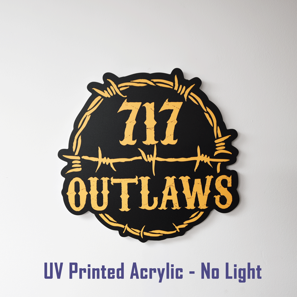 717 Outlaws Sign | LED Lit & Non-Lit | Handmade in USA | 13", 18" & 23" | Yellow, Red, Purple, Black & White