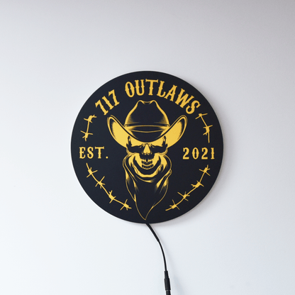 12" Round 717 Outlaws Skull Cowboy Est. 2021 LED Light Up Tacker Sign – Handmade USA