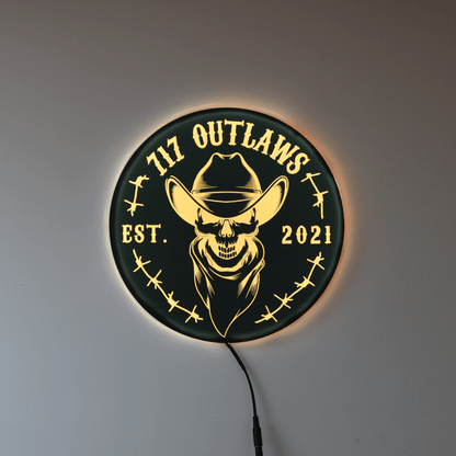 12" Round 717 Outlaws Skull Cowboy Est. 2021 LED Light Up Tacker Sign – Handmade USA