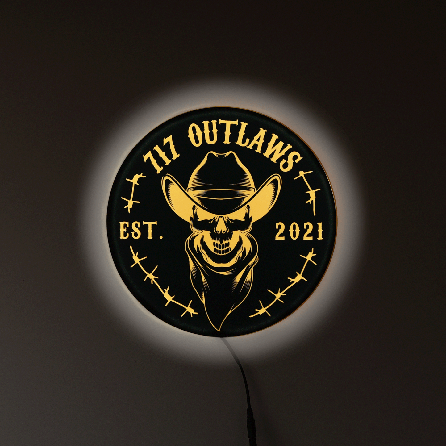 12" Round 717 Outlaws Skull Cowboy Est. 2021 LED Light Up Tacker Sign – Handmade USA