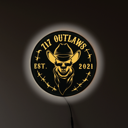 12" Round 717 Outlaws Skull Cowboy Est. 2021 LED Light Up Tacker Sign – Handmade USA