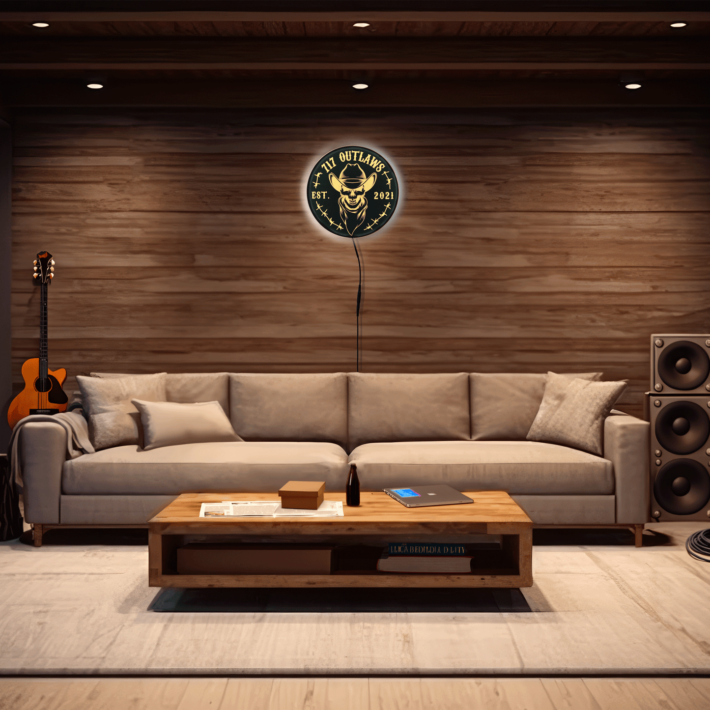 12" Round 717 Outlaws Skull Cowboy Est. 2021 LED Light Up Tacker Sign – Handmade USA