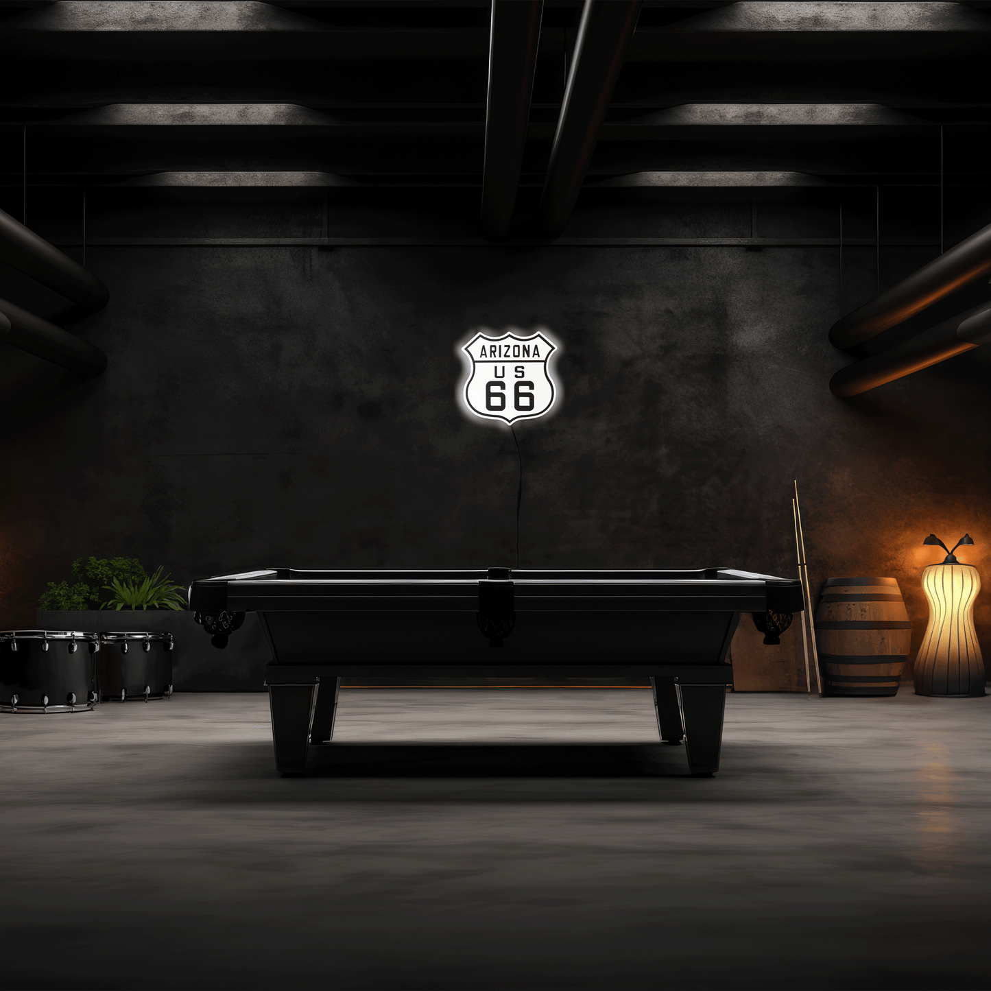 Pool table in a dimly lit room with 'Arizona U.S. 66' sign on the wall.