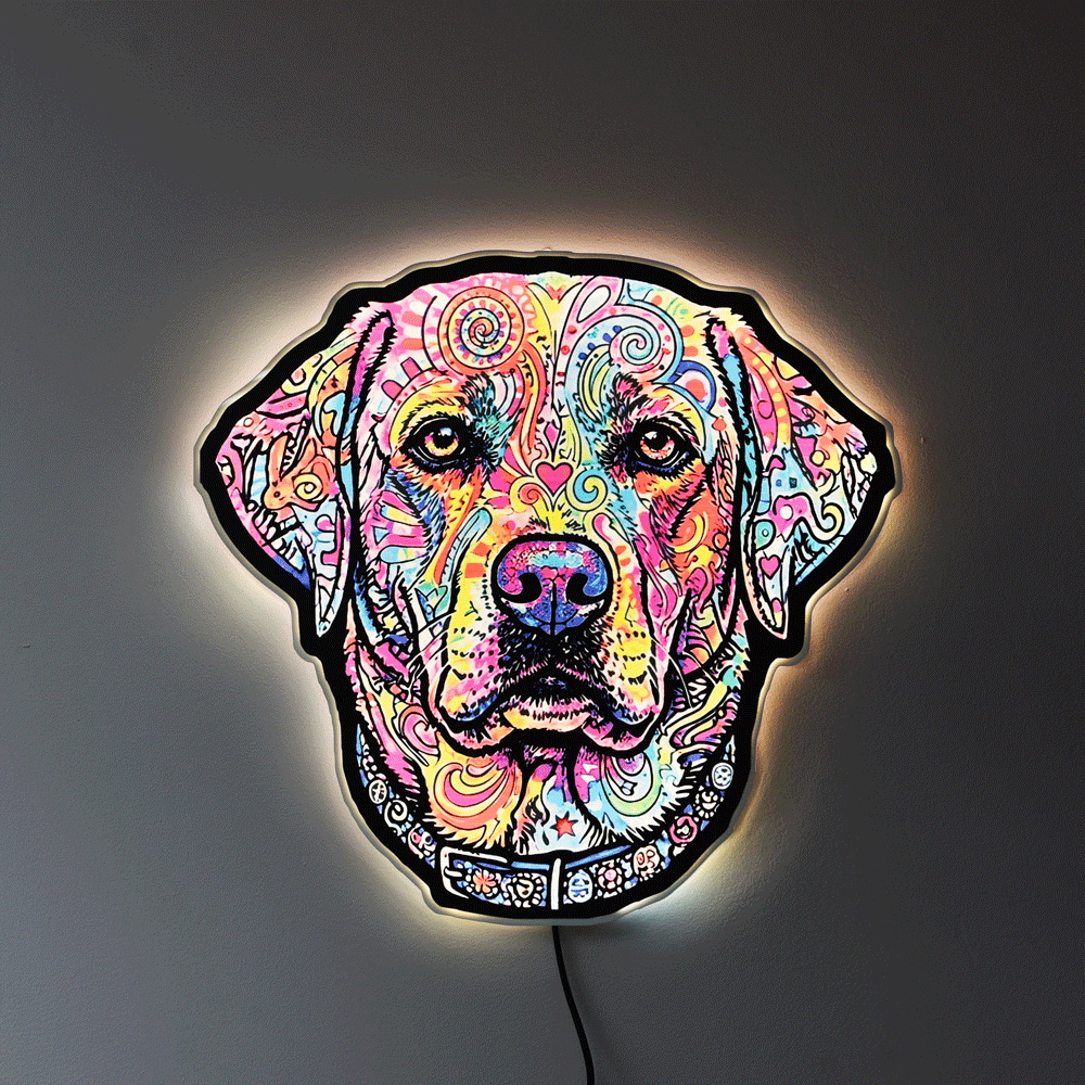 A colorful LED neon-style wall light shaped like an English Lab head, featuring a vibrant multicolor pattern on a black base, mounted against a dark gray wall with a warm glow around the edges.