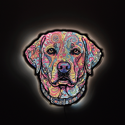 A c lorful LED neon-style wall light shaped like a Labrador Retriever's head, featuring a vibrant psychedelic pattern of pink, blue, yellow, and orange on a black background.