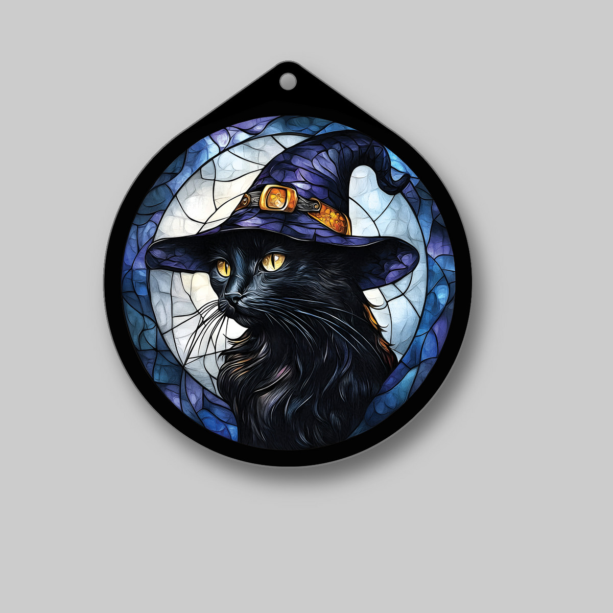Black cat witch hat UV printed sign on a wall in a lit room