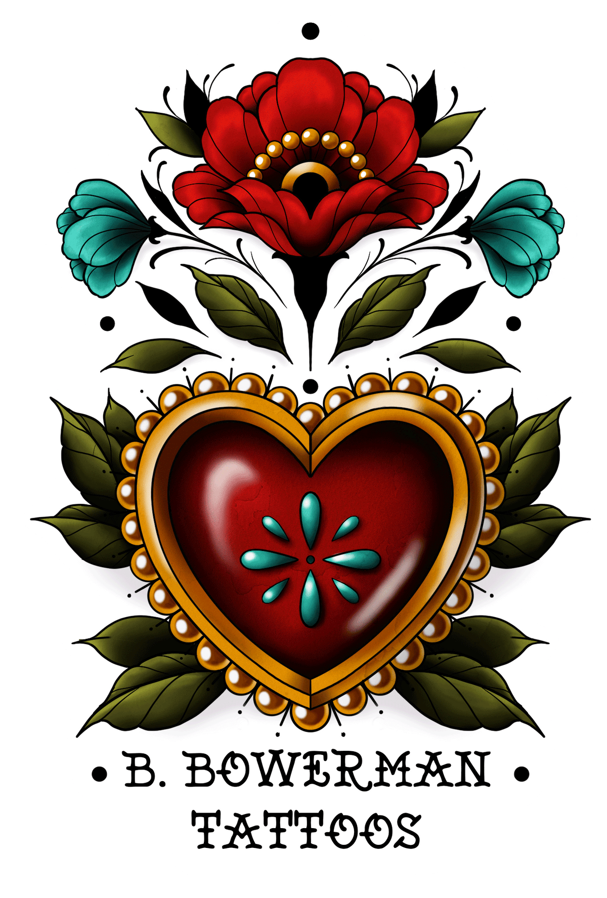 Decorative tattoo design with a heart, flowers, and leaves, featuring the brand 'B. Bowerman Tattoos'.