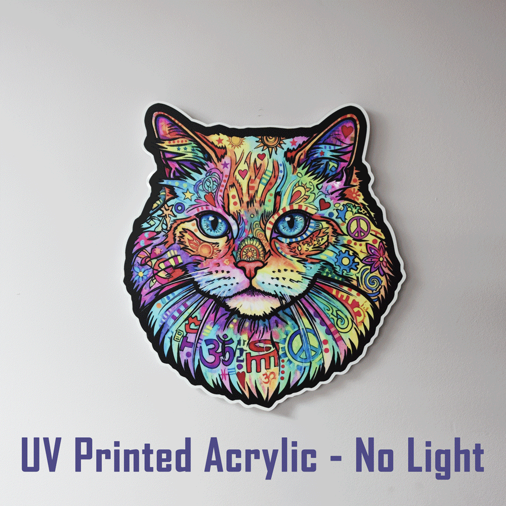 A colorful, psychedelic cat face acrylic sticker with intricate mandala and peace sign patterns, shown against a plain light gray background with the text 'UV Printed Acrylic - No Light' at the bottom.