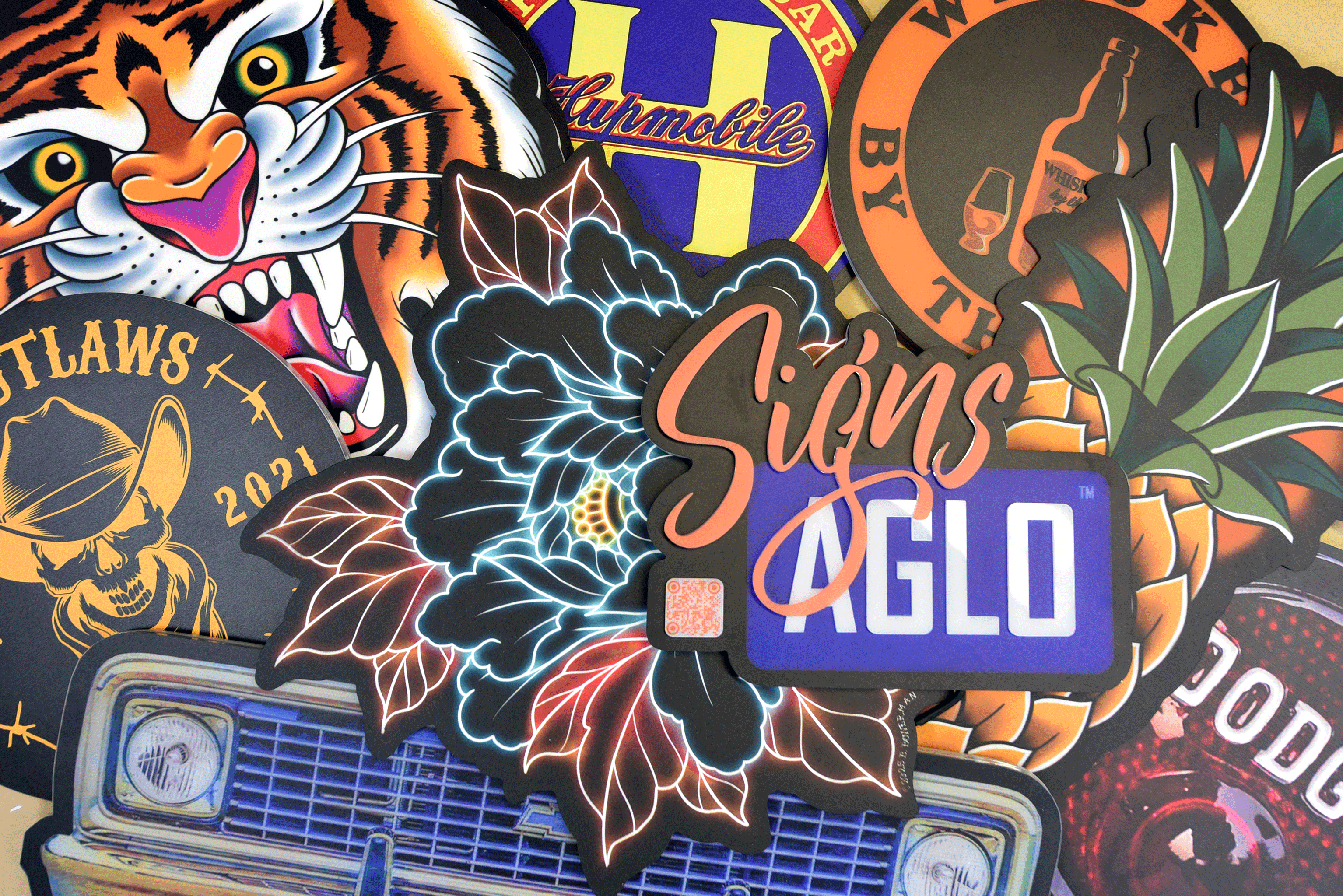 Collection of colorful LED Signs and tackers with various designs 