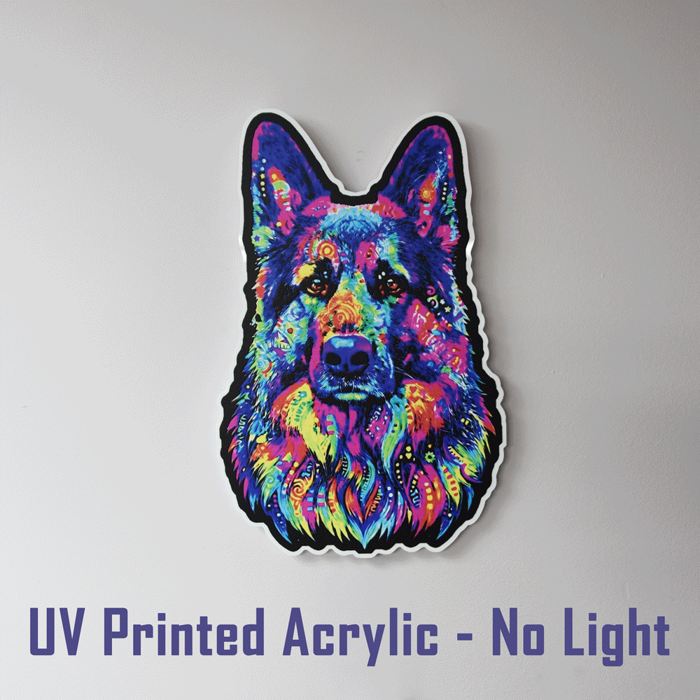 A colorful acrylic dog head sticker or wall decor piece with a German Shepherd-style face, shown on a plain light background with the text 'UV Printed Acrylic - No Light' below it.