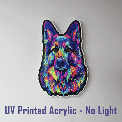 A colorful acrylic dog head sticker or wall decor piece with a German Shepherd-style face, shown on a plain light background with the text 'UV Printed Acrylic - No Light' below it.