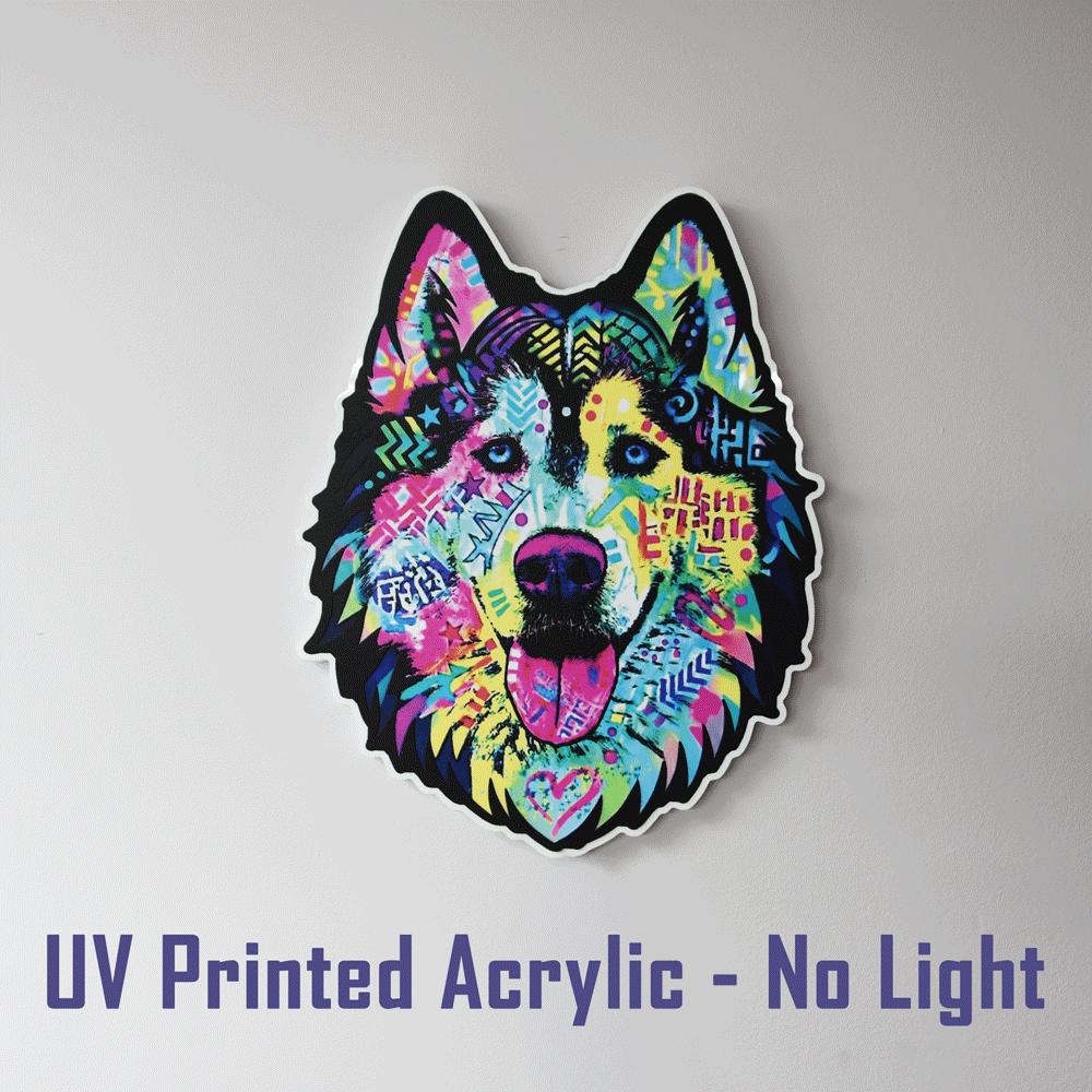 A colorful dog head acrylic sticker or wall art piece with a black outline and a vibrant neon pattern, shown against a plain light gray background with the text 'UV Printed Acrylic - No Light' below.