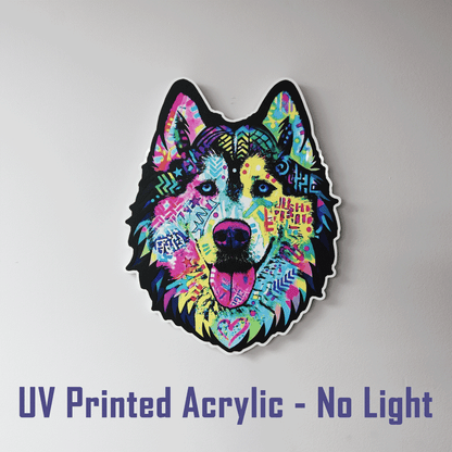 A colorful dog head acrylic sticker or wall art piece with a black outline and a vibrant neon pattern, shown against a plain light gray background with the text 'UV Printed Acrylic - No Light' below.