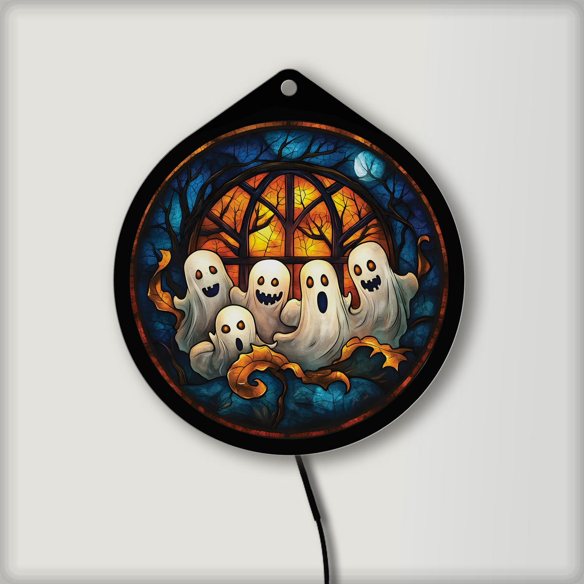 Cute ghost family faux stained glass LED sign in front of a glowing window design, lights off