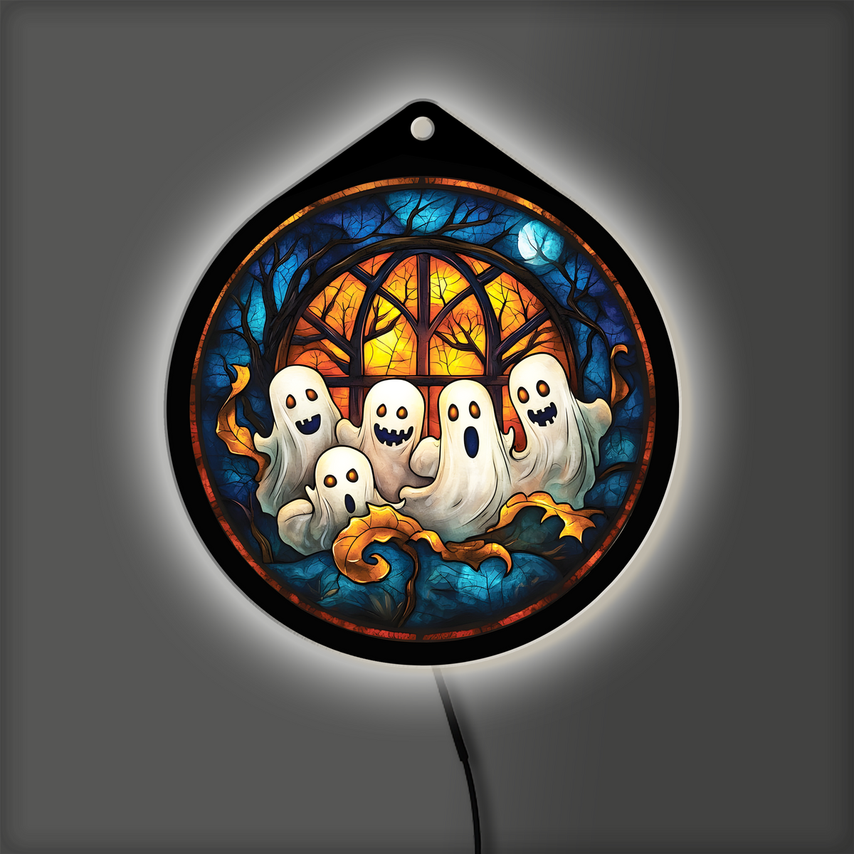 Ghost family LED sign glowing with backlight on