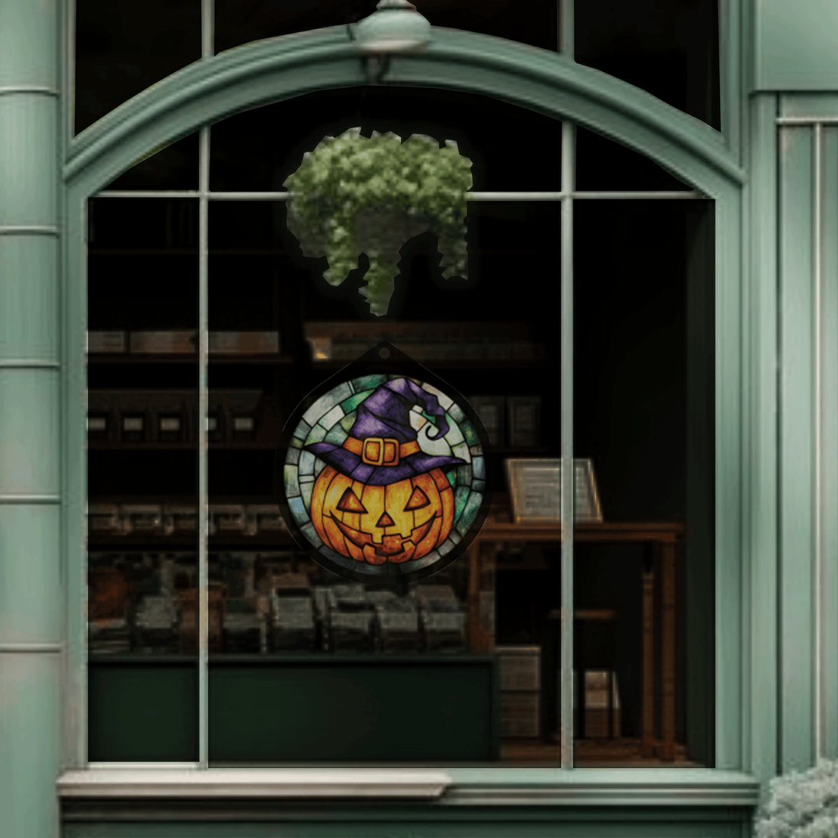 Jack-o'-lantern witch hat sign displayed unlit, hanging in a shop window at night