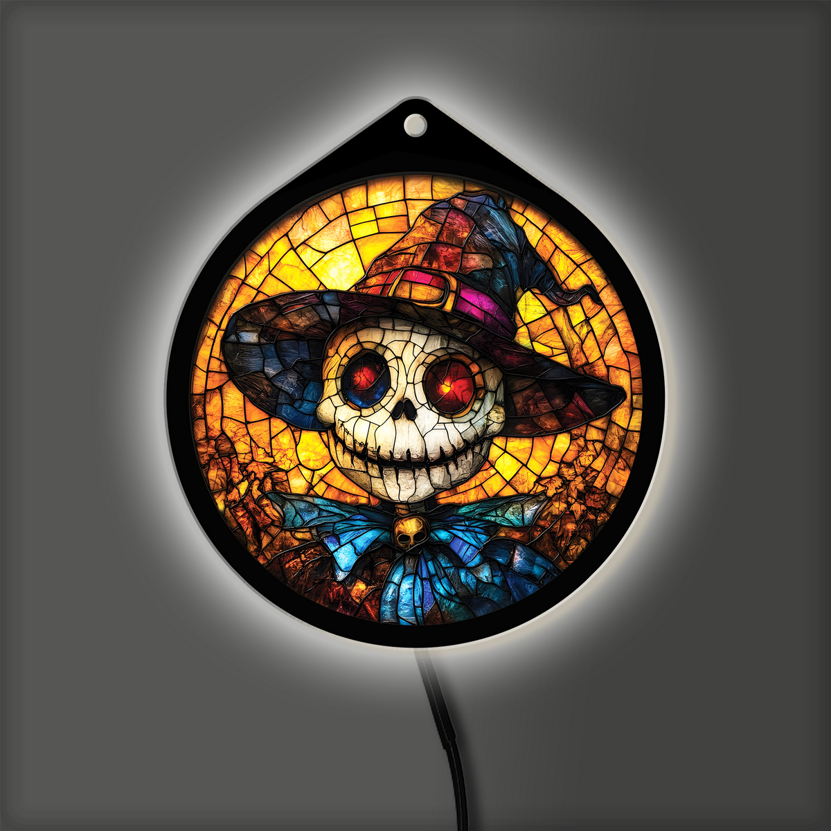 Pumpkin-head scarecrow LED sign glowing with backlight on