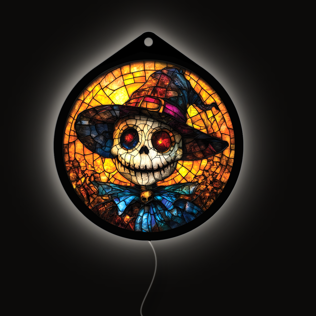 Pumpkin-head scarecrow LED sign glowing, hanging in a shop window display at night