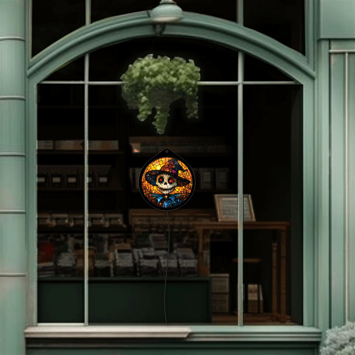 Pumpkin-head scarecrow sign unlit in a shop window display, alternate view