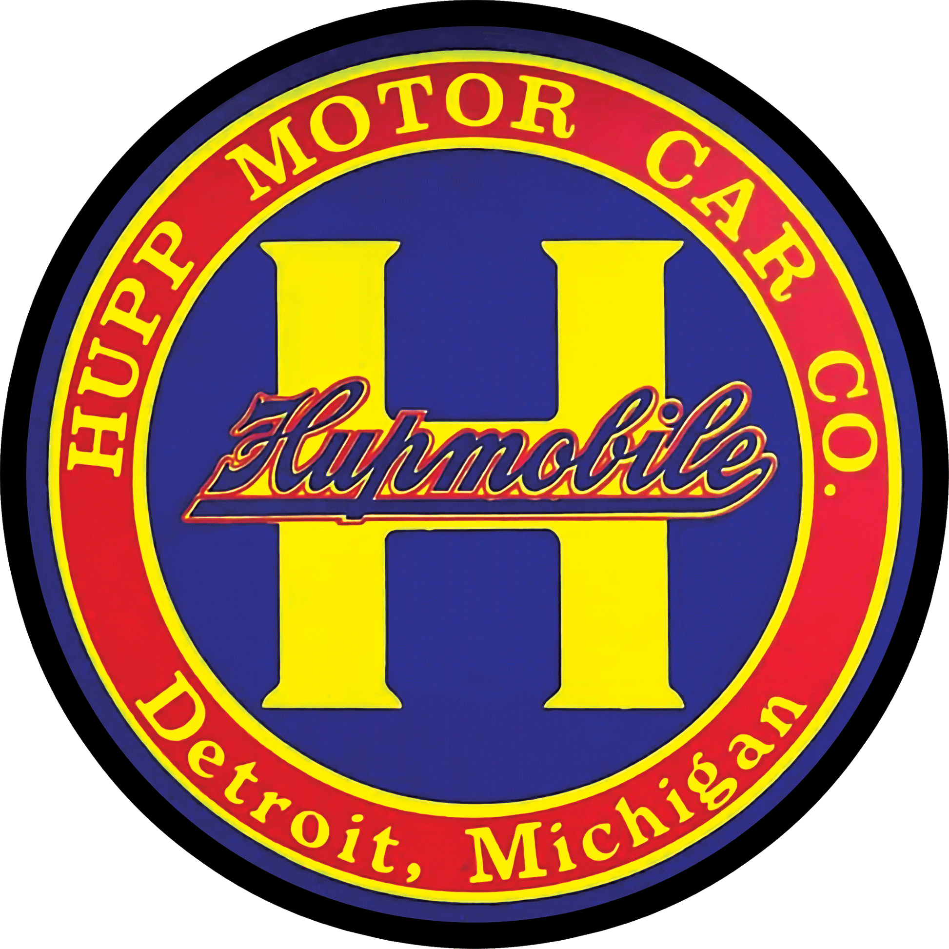 Logo of Hupp Motor Car Co. with a yellow 'H' and text on a blue background
