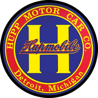 Logo of Hupp Motor Car Co. with a yellow 'H' and text on a blue background