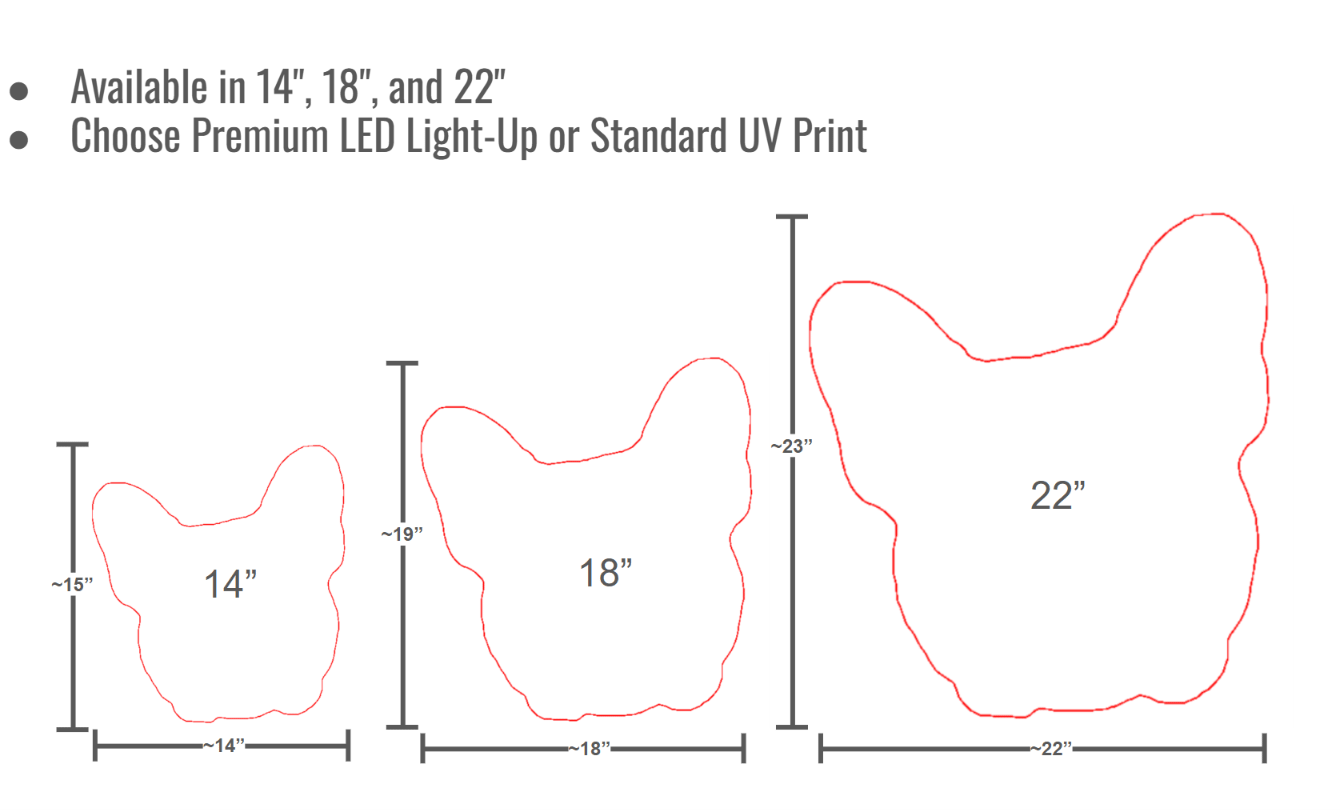 Size chart showing three different illuminated light-up plaque shapes labeled 14 inches, 18 inches, and 22 inches, with height markings and bullet points noting available sizes and LED/UV print options.