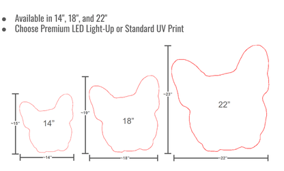 Size chart showing three different illuminated light-up plaque shapes labeled 14 inches, 18 inches, and 22 inches, with height markings and bullet points noting available sizes and LED/UV print options.
