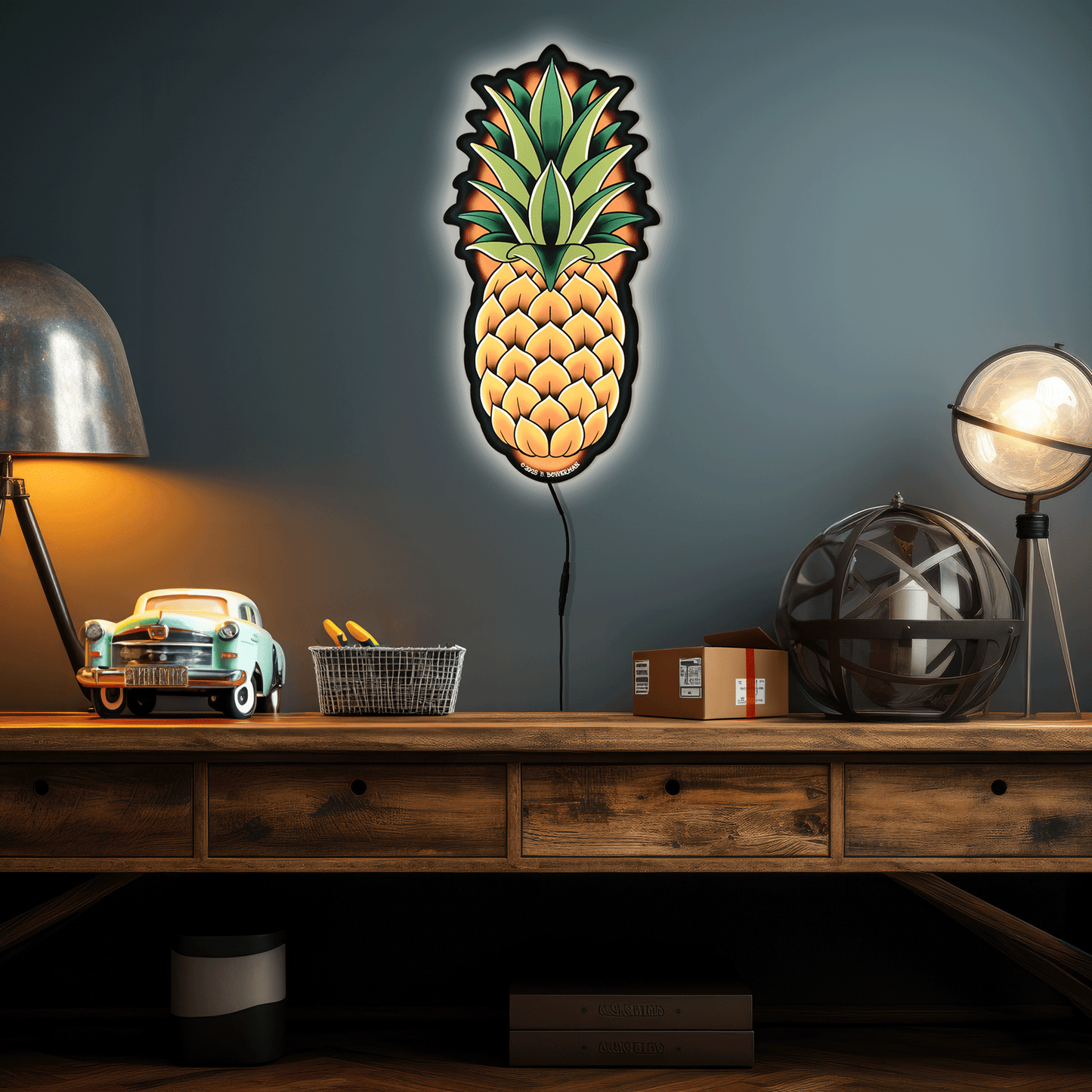 Large (21") Pineapple Lighted Tattoo Tacker by Artist Bryce Bowerman – Handmade LED Sign