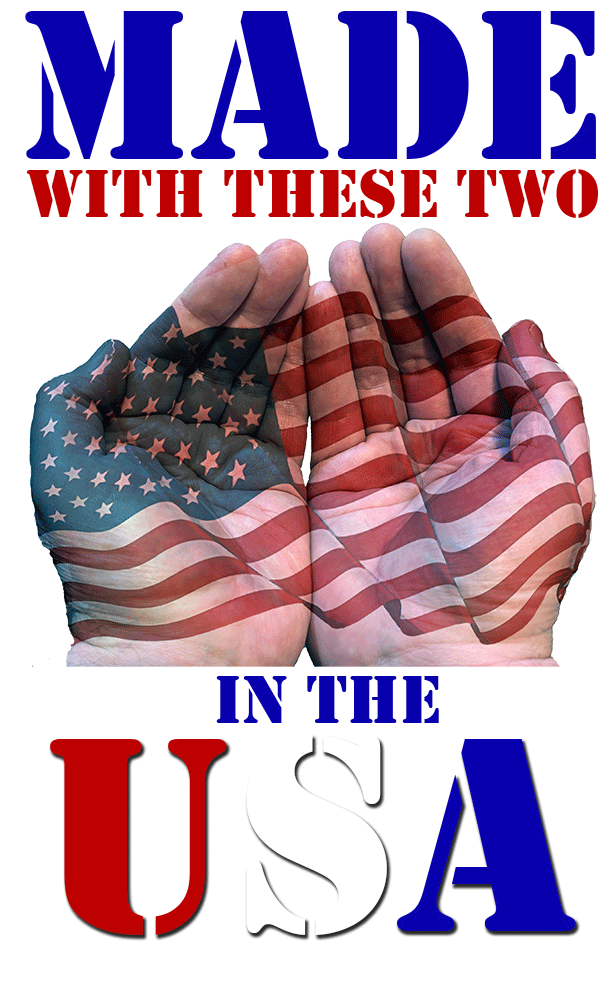 Two hands holding an American flag with text 'MADE WITH THESE TWO IN THE USA' on a white background.