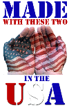Two hands with American flag design holding text 'MADE WITH THESE TWO IN THE USA' in red, white, and blue.