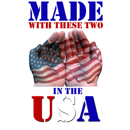 Two hands with American flag pattern and text 'Made with These Two in the USA' on a white background