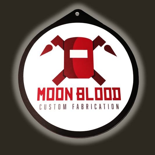 Circular logo for Moon Blood Custom Fabrication with red and black design on a white background.