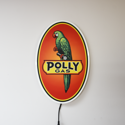 Polly Gas sign with a parrot on an orange background