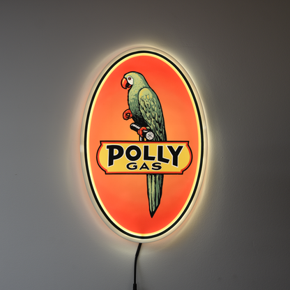 Vintage-style Polly Gas sign with a parrot on an orange background