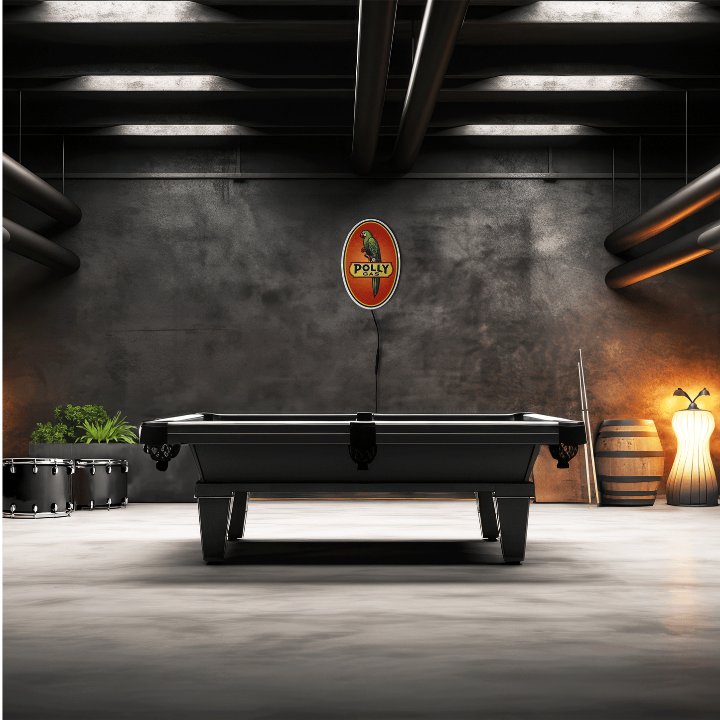 Oval Vintage Polly Gas sign above Modern pool table in a stylish room with a dark wall and decorative elements.