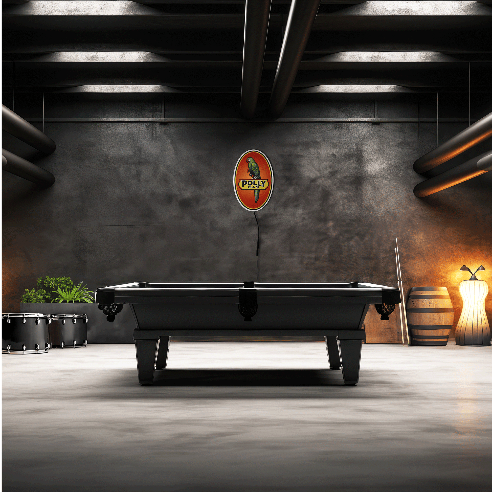 Oval Vintage Polly Gas sign above Modern pool table in a stylish room with a dark wall and decorative elements.