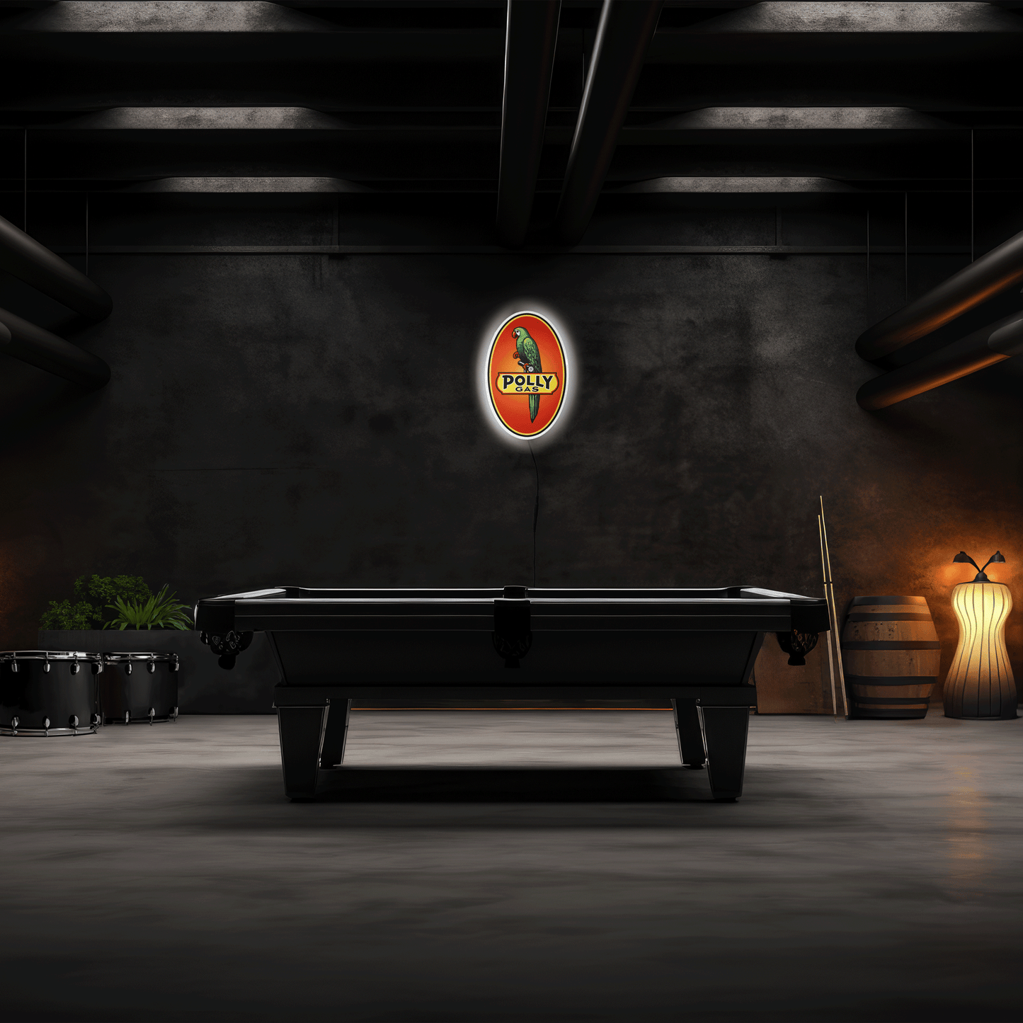 Pool table in a dimly lit room with a vintage-style Oval Vintage Polly Gas  sign on the wall.