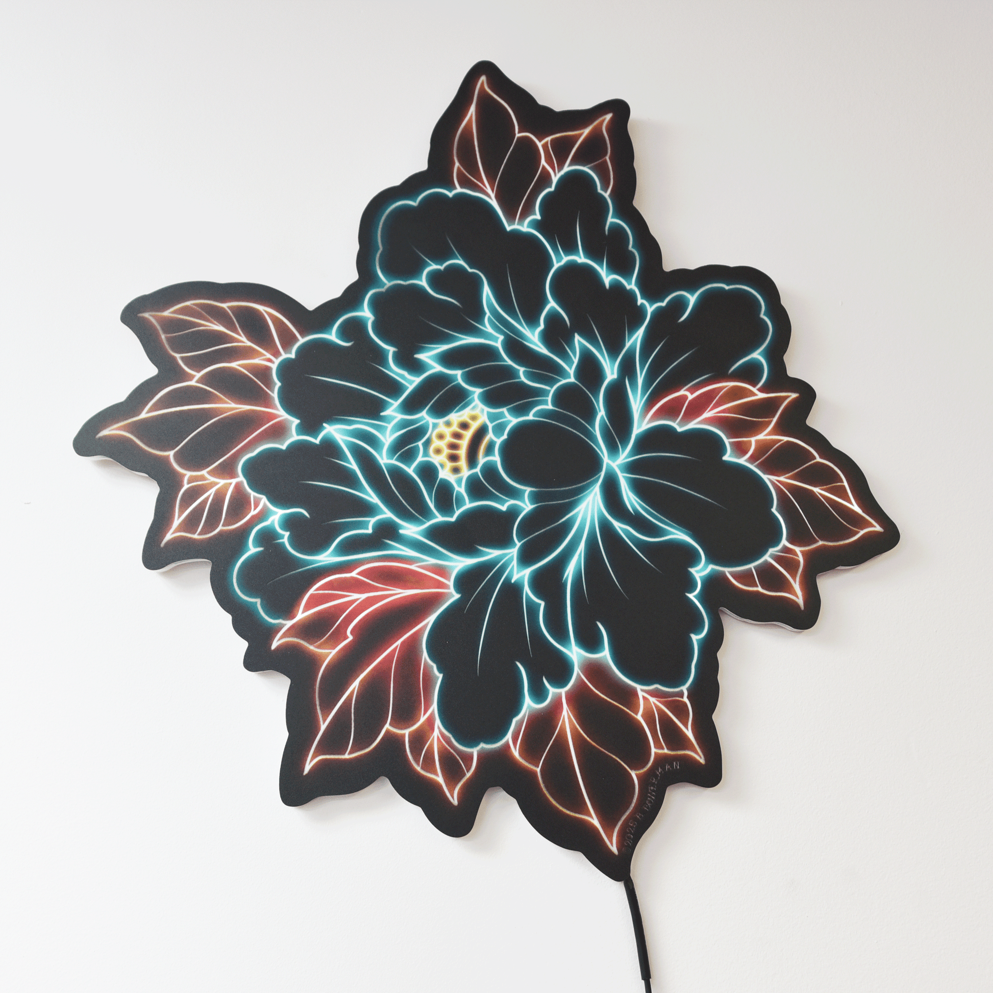 Original Peony tattoo design by Bryce Bowerman printed on acrylic with UV printer with added LED light