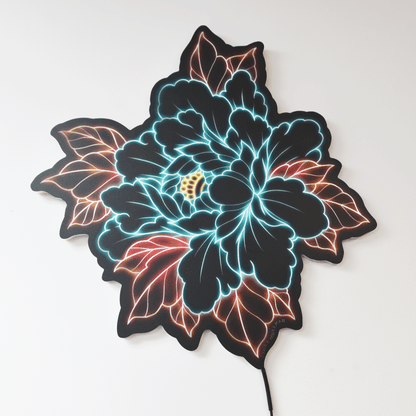 Original Peony tattoo design by Bryce Bowerman printed on acrylic with UV printer with added LED light