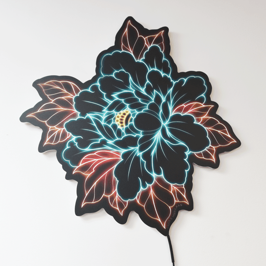 Original Peony tattoo design by Bryce Bowerman printed on acrylic with UV printer with added LED light